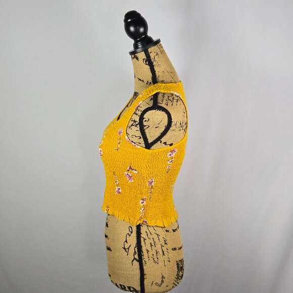 Japna Yellow Smocked Floral Crop Top Size L Square Neck Ruffle Hem Boho Stretchy - Picture 2 of 12